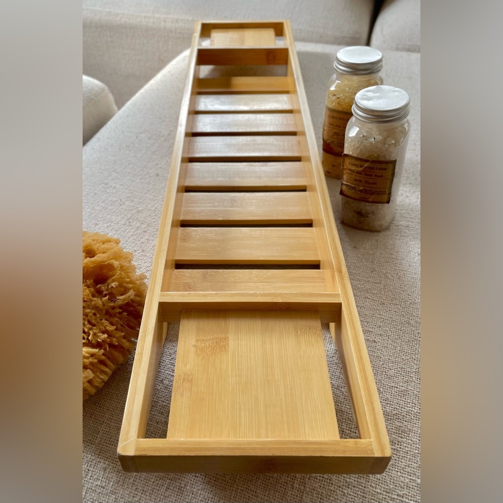 NATURAL BAMBOO BATH TRAY TUB TRAY WITH COMPARTMENTS - Picture 9 of 10